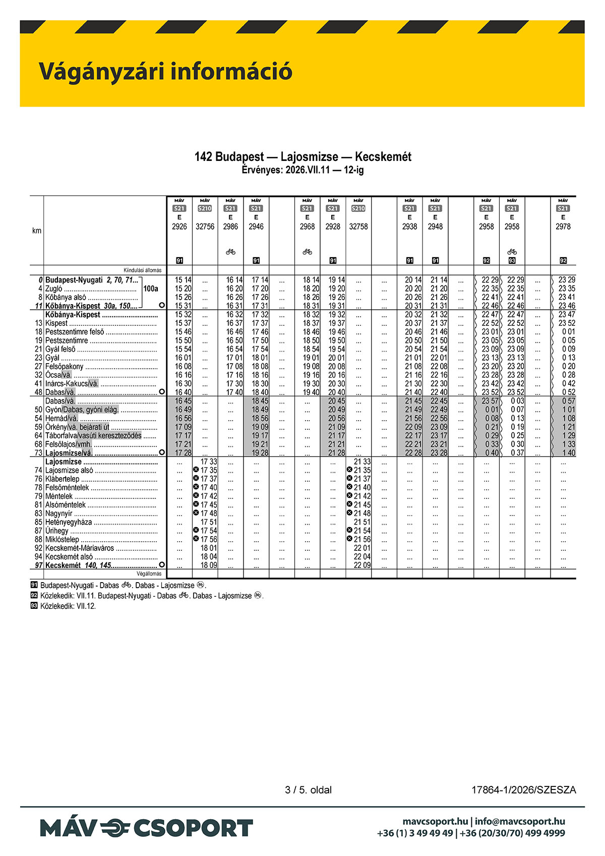 A MÁV Személyszállítási Zrt. tájékoztatója