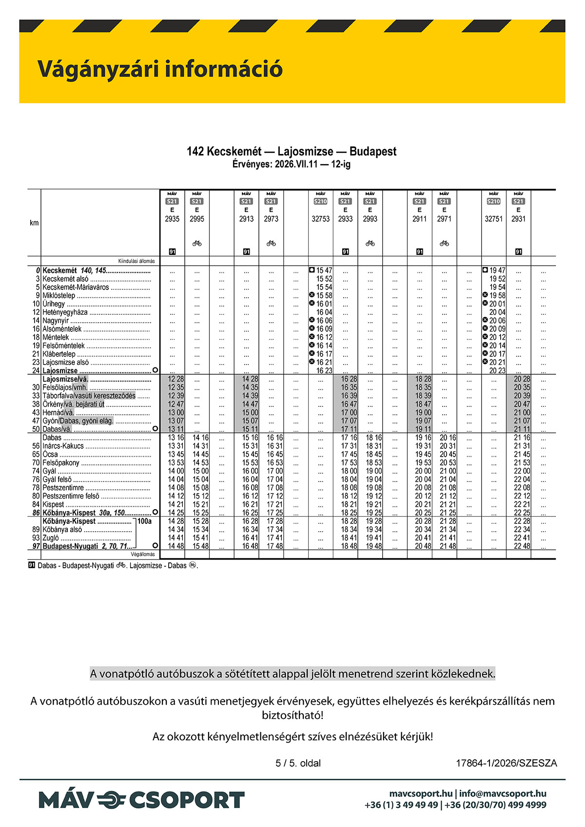A MÁV Személyszállítási Zrt. tájékoztatója