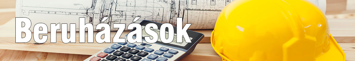 Beruházások oldal header képe, ami illusztráció a tartalomhoz és egy tervrajzot, számológépet és egy mukavédelmi sisakot mutat.
